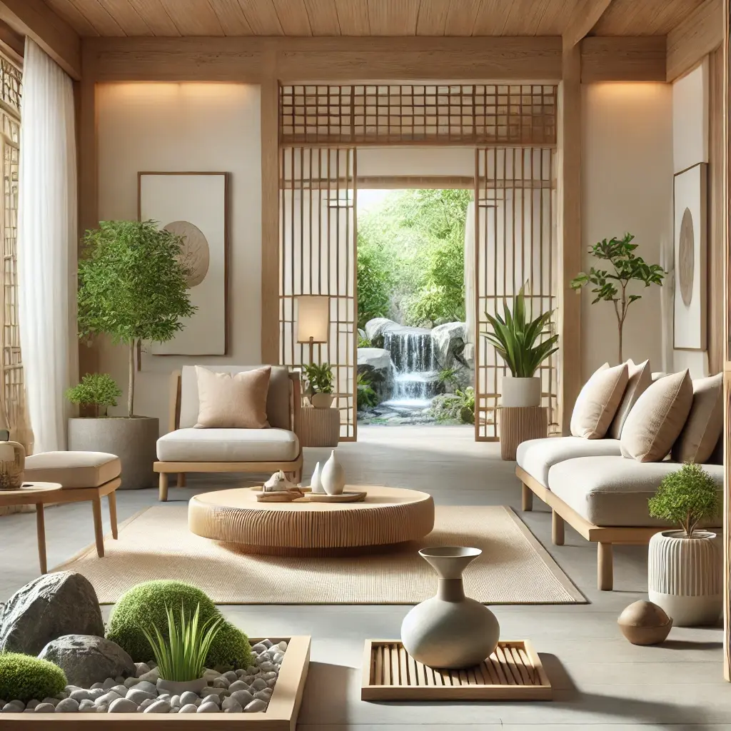 DALL·E 2024-08-26 12.41.53 - A serene home interior designed according to Feng Shui principles. The living room features natural light, an open entrance, a water fountain, and ind (1)